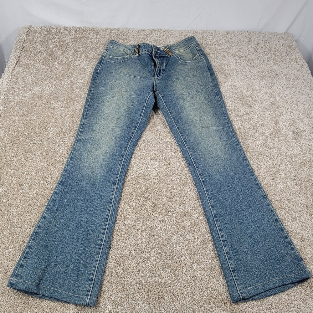 Bisou Bisou Jeans Flare Leg Embellished‎ Pockets Denim Blue Women's Size 12